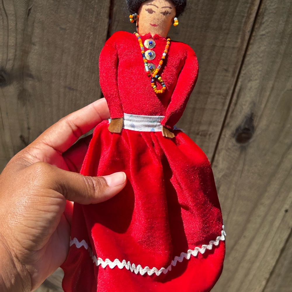 Vintage Navajo Doll Red Dress Moccasins Necklace Earrings
